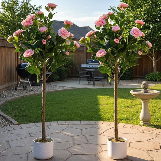 3.6FT/2Pcs Artificial Camellia Tree for Indoor Porch Decor, Realistic Faux Plant in Pot with Pink Flowers, 43.3" Tall Potted Greenery Fake Camellia Plant for Home Office Outdoor Patio Wedding Decor