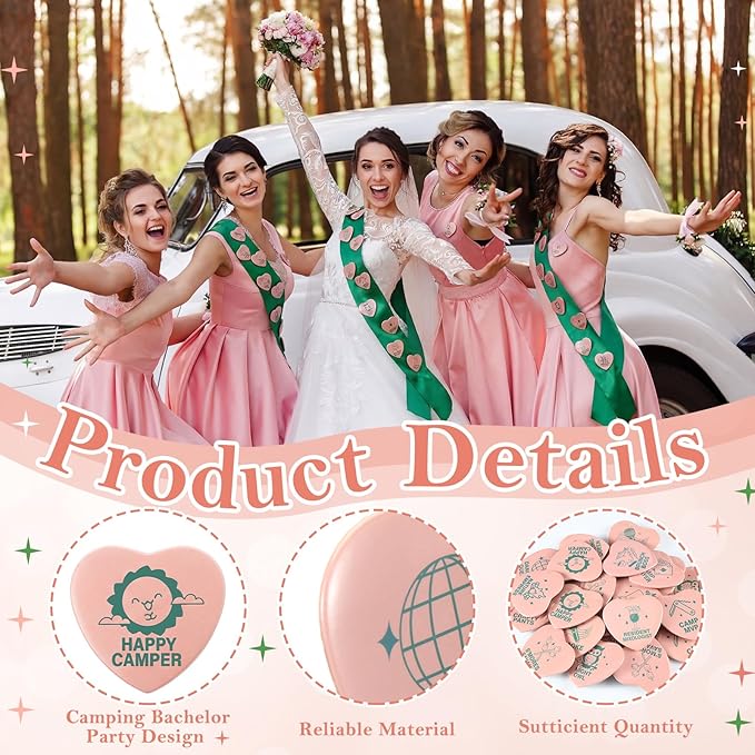 Tondiamo 36 Pcs Camp Bachelorette Party Badges with 12 Pcs Sashes Camping Bachelorette Decorations Buttons Pins for Bridal Showers Accessories Wedding Bachelor Party Favors DIY Costume Backpack Gifts