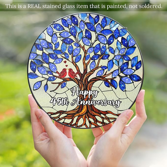45th Wedding Anniversary Stained Glass Suncatcher, 6x6' Anniversary Decorations, 45th Celebration Marriage Gifts for Parents, Couple, Wife & Husband, 45 Wedding Milestone Keepsake