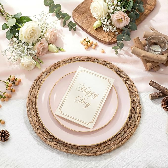 WDF 300Pcs Pink Plates Disposable - Pink and Gold Plastic Dinnerware Set for 50 Guests Include 50 Dinner & Cake Plates & 50 Disposable Cutlery & 50 9oz Cups for Wedding/Baby Shower/Spring/Mother's Day