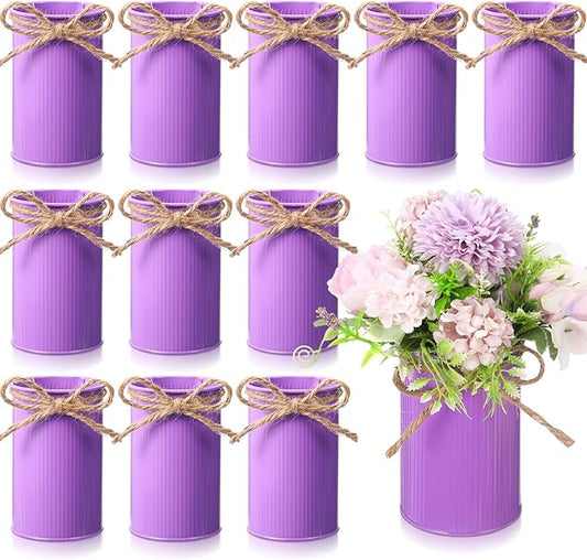 Rustic Vase for Table Centerpieces 4.33 Inch Small Petite Flower Vase with Twine Bow Vintage Farmhouse Decor for Wedding Reception Dining, Home Galvanized Metal Buckets(Purple,12 Pcs)