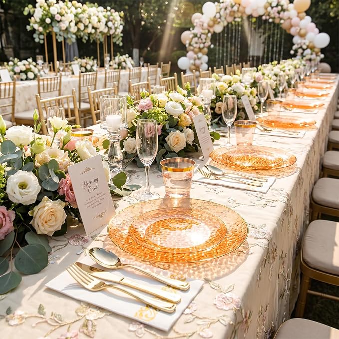 Rubtlamp 175 Pcs Plastic Dinnerware Set (25 Guests), Orange And Gold Plastic Plates, Hammered Party Plates Set Include Dinner Plates, Dessert Plates, Cups&Cutlery Set And Napkins for Wedding And Party