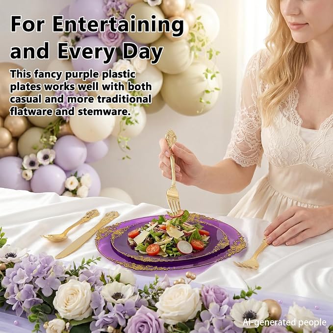 102PCS Purple and Gold Plastic Plates - High End Purple Disposable Plate - Vintage Dinner & Dessert Plates for 51 Guests Birthday Party Wedding