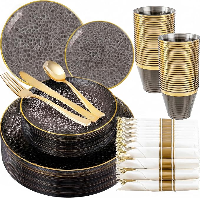 175PCS Black and Gold Plastic Dinnerware Set for 25 Guests, Disposable Plates for Party, Include: 25 Dinner Plates, 25 Dessert Plates, 25 Pre Rolled Napkins with Gold Silverware, 25 Cups