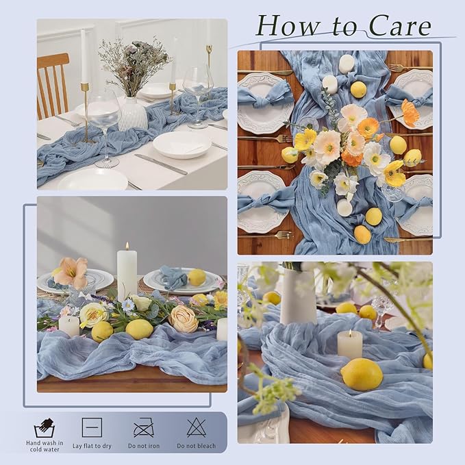 20 Pack Dusty Blue Cheesecloth Table Runner 17x108 Inch Semi Sheer Boho Rustic Gauze Cheese Cloth Table Runners for Wedding Party Birthday Baby Shower Home Décor