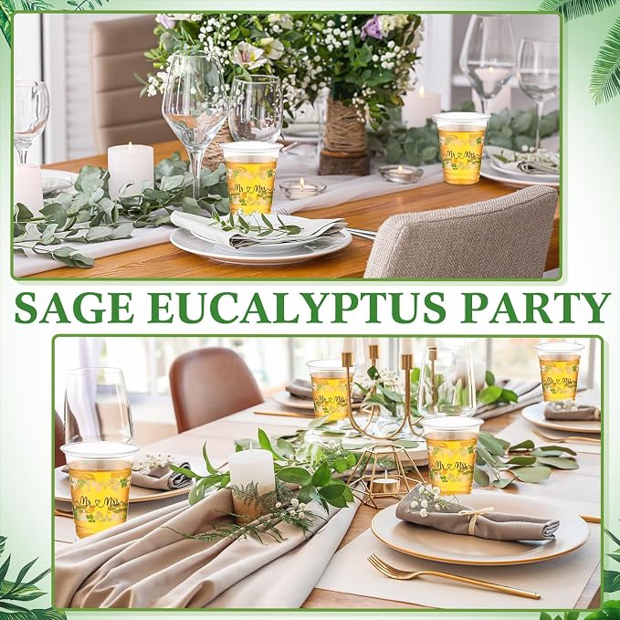 Funnymoom 60 Pack Mr and Mrs Wedding Cups 12 oz Sage Green Eucalyptus Disposable Clear Plastic Drinking Cups for Wedding Bridal Shower Engagement Boho Greenery Party Decorations Supplies
