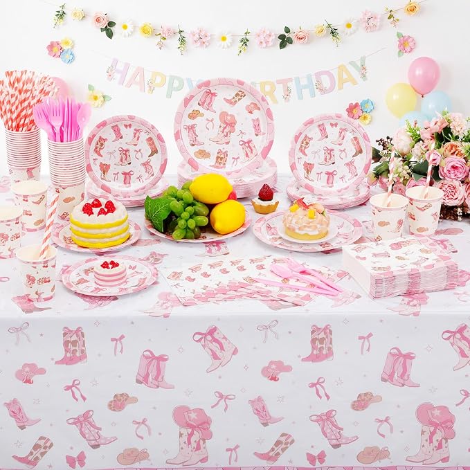 Funnymoom 452 Pcs Pink Cowgirl Boots and Bows Party Decoration for 50, Western Cowgirl Paper Plates Napkins Cups Tablecloth Cutlery Straws for Coquette Baby Shower Birthday Gender Reveal Party Supply