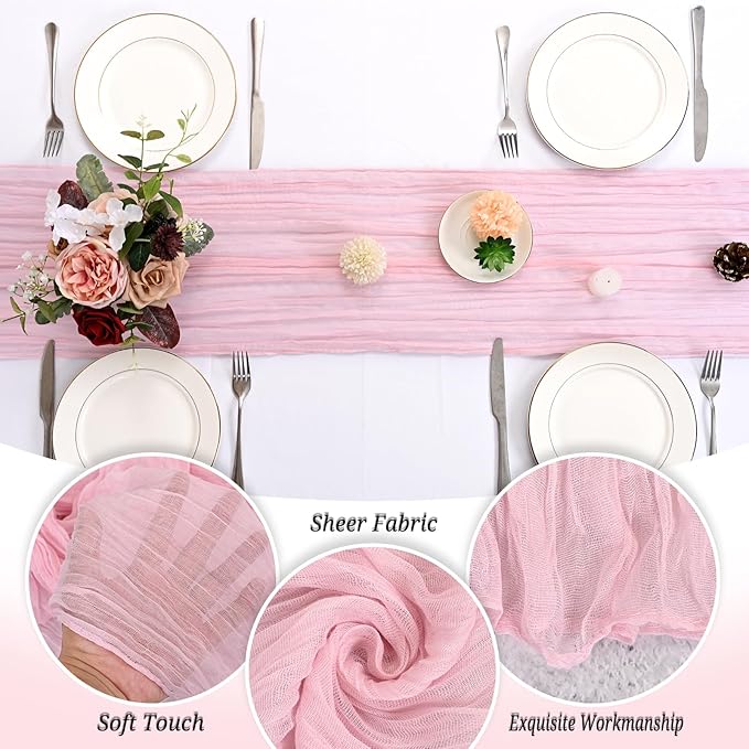 12 Pack Light Pink Cheesecloth Table Runner 120 inch Fall Thanksgiving Boho Rustic Gauze Farmhouse 10FT Cheese Cloth Runner for Baby Shower Wedding Party Holiday Home Decor