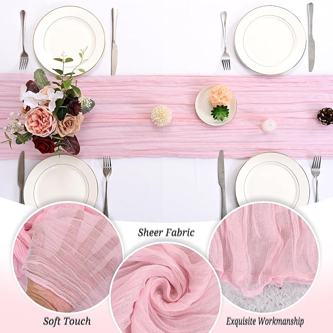 24 Pack Light Pink Cheesecloth Table Runner 120 inch Fall Thanksgiving Boho Rustic Gauze Farmhouse 10FT Cheese Cloth Runner for Baby Shower Wedding Party Holiday Home Decor