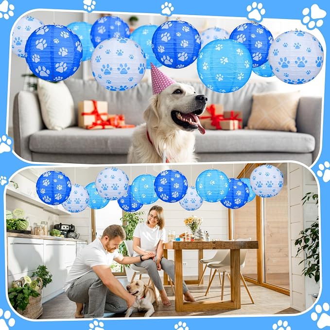 Panelee 12 Pcs Dog Paw Print Paper Lanterns Puppy Themed Party Decorations Blue and White Pet Paw Print Round Hanging Lanterns 8 Inch for Dog Birthday Party Decorations Supplies Indoor Outdoor