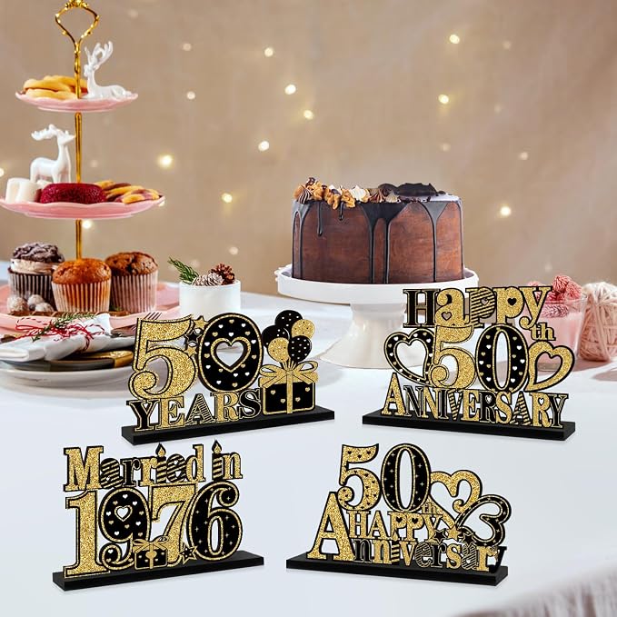 Eiurteao 4 Pieces 50th Anniversary Decorations Married in 1976 Table Sign, Black Gold Happy 50 Wedding Anniversary Table Centerpieces Party Supplies, Cheers to 50 Year Anniversary Table Decor