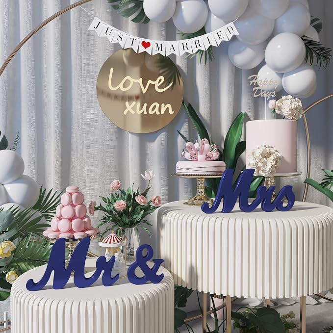 VIOPVERY Wedding Decorations Set - Large Blue Mr and Mrs Sign, Just Married Banner, Wooden Letters for Sweetheart Table, Photo Props for Anniversary