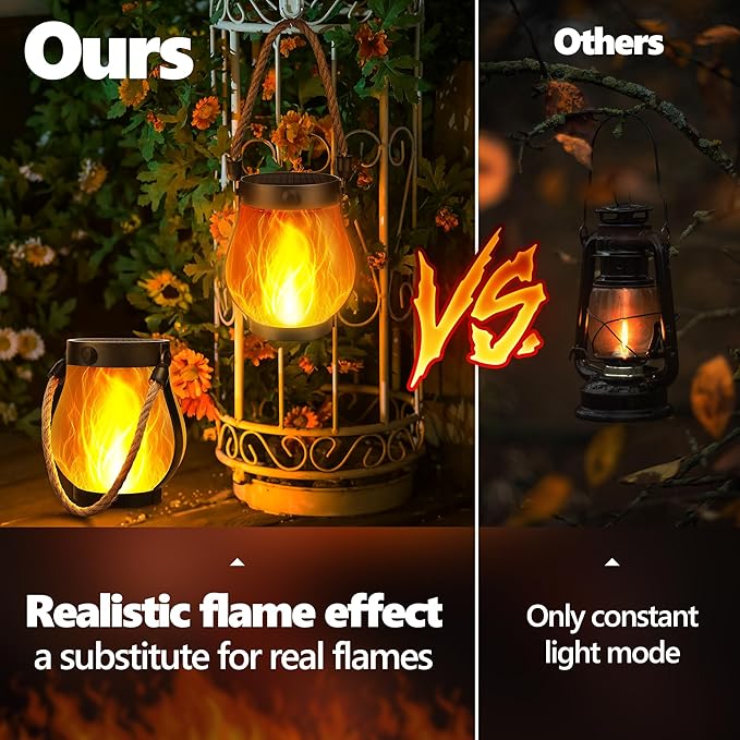 Jyoiat Solar Outdoor Lanterns Waterproof - 2 Pack Ultra-Real Flame Solar Lantern Lights with Dual Charging Modes (Solar/USB) for Garden Yard Patio Birthday Mothers Day Gifts (Warm White - 2 Pack)