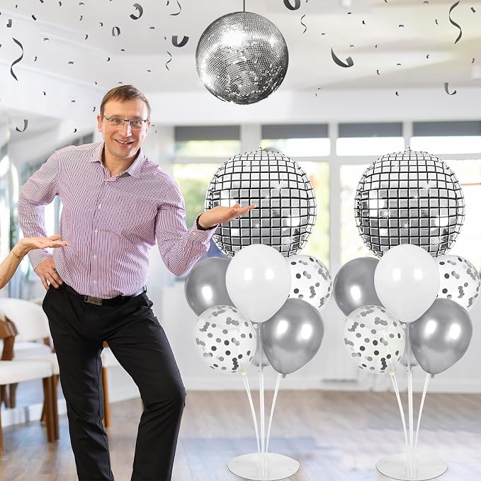 Disco Ball Party Balloons Stand Kit 2 Sets with 2 Silver 4D Discoball Foil Balloon Disco Ball Centerpiece for Tables 70s 80s 90s Dance Themed Birthday Graduation Decorations 2026 Prom Party Supplies
