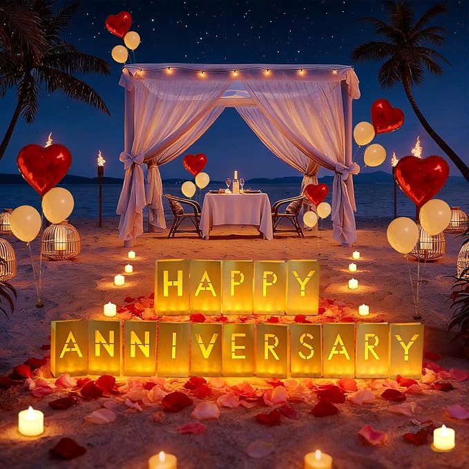 Happy Anniversary Light Up Letters, Rose Petals LED Tea Lights Candles Latex Foil Balloons, Paper Luminary Bags for Her Him Proposal Anniversary Valentines' Day Decorations