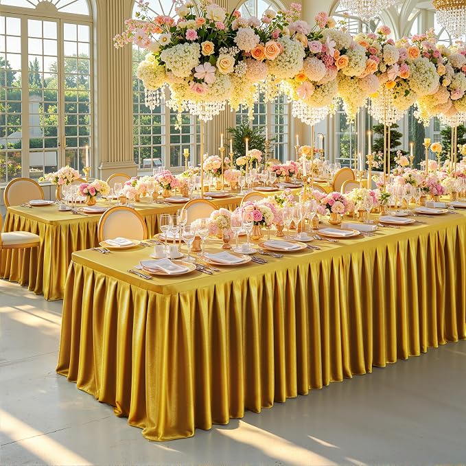 Wish Care 8 Pack Satin Table Cover Skirts for 6ft Rectangular Tables, Dark Gold Shimmer Silk Tablecloth with Floor Length Ruffle for Wedding Banquet Party Buffet Decoration