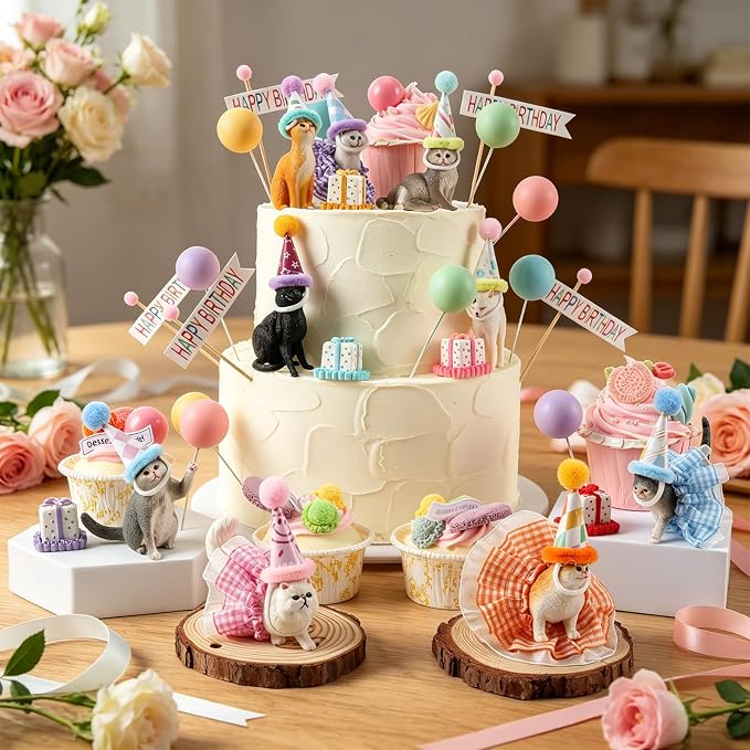 42Pcs Cat Birthday Party Decorations Kit, Mini Cat Figurines Hat Skirt Gift Boxes Balloons & Banners, Cute Cats Cake Cupcake Topper for Animals Themed Birthday Party