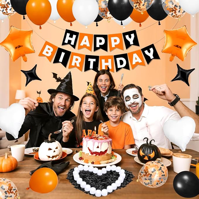 Orange Birthday Balloons Decorations Orange Black and White Halloween Birthday Balloon Letters Banner with 6Pcs Star Balloons Artificial Rose Petal 24 Flameless LED Candles for Halloween Bday Decor