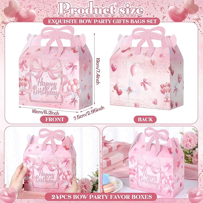 24 Pcs Pink Bow Birthday Gift Boxes with Handle, Coquette Cajas Para Dulces De Cumpleaños, Foldable Candy Treat Bags Party Favors for Girls Birthday Goodie Bags Baby Shower Bachelorette Decorations