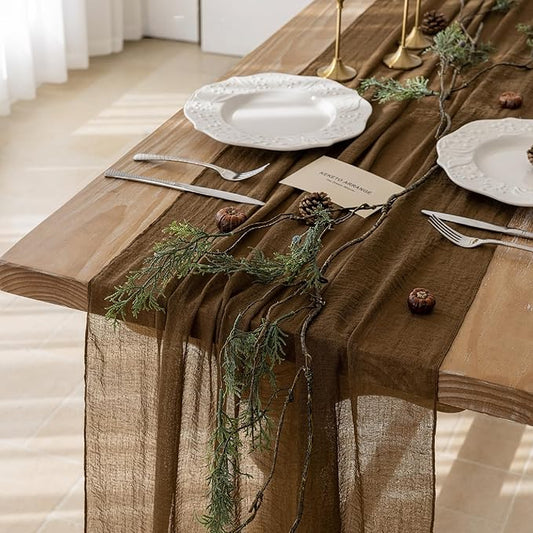 Keketoarrange 3pcs Coffee Gauze Rustic Cheesecloth Table Runner 120 Inch 10 FT for Wedding Baby Shower Bridal Shower Birthday Engagement Garden Outdoor Party Long Sheer Boho Decorations