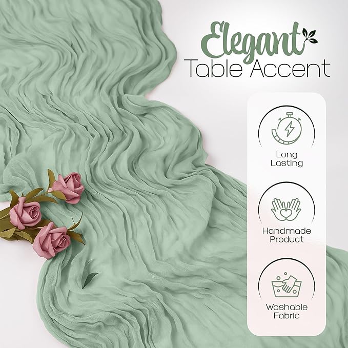 12 Pack Sage Green Cheesecloth Table Runners 10FT Long – 35 x 120 Inch Boho Gauze Table Runners for Engagement, Wedding, Baby Shower & Home Decor – Soft Wrinkled Polyester Fabric