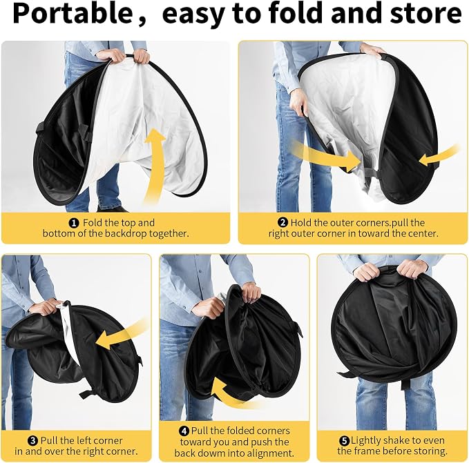 Meking 5x6.6ft Black White Background for Photography, Pop-Up Collapsible Backdrop 2-in-1 Muslin Self Tape Backdrop with Clip and Carry Case