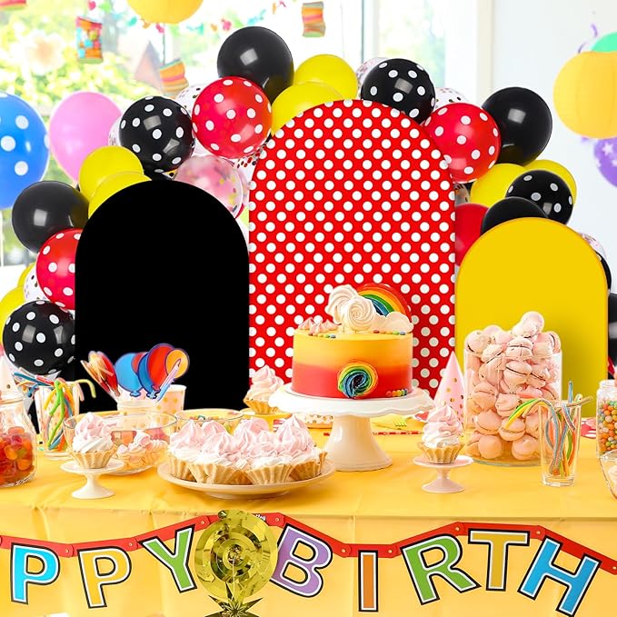 Foilswirl 34 Pieces Cartoon Mouse Birthday Party Decorations 4ft 5ft 6ft Arch Covers 3 Pcs Cartoon Mouse Theme Spandex Arch Backdrop Cover 30 Pcs Red Yellow Black Balloons 1 Ribbon for Party Decor