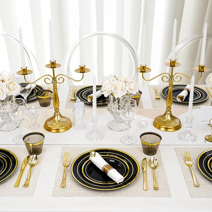 realluck 350 PCS Black Plastic Dinnerware Set for 50 Guests, 100 Disposable Plates for Party, 50 Pre Rolled Napkins with Gold Silverware, 50 Cups for Graduation
