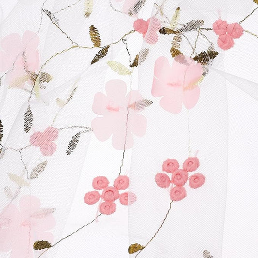 MECCANIXITY 1 Yard Tulle Fabric 35"x51" 3D Flower Embroidery Mesh Lace Fabric for DIY Handmade Clothing Wedding Dress Skirt Home Curtain Decoration, White Pink