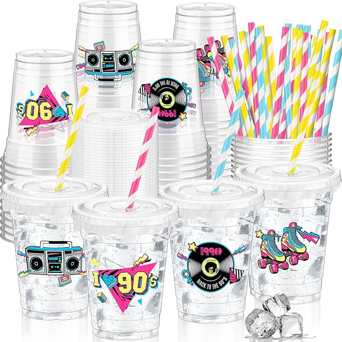 FoldTier 50 Pcs 90s Theme Party Decoration 90s Cups Disposable Plastic Cup 12 oz Go Back to Mug Thick Clear Mug with Lid Straw for Retro Music Supplies Dance Birthday Party