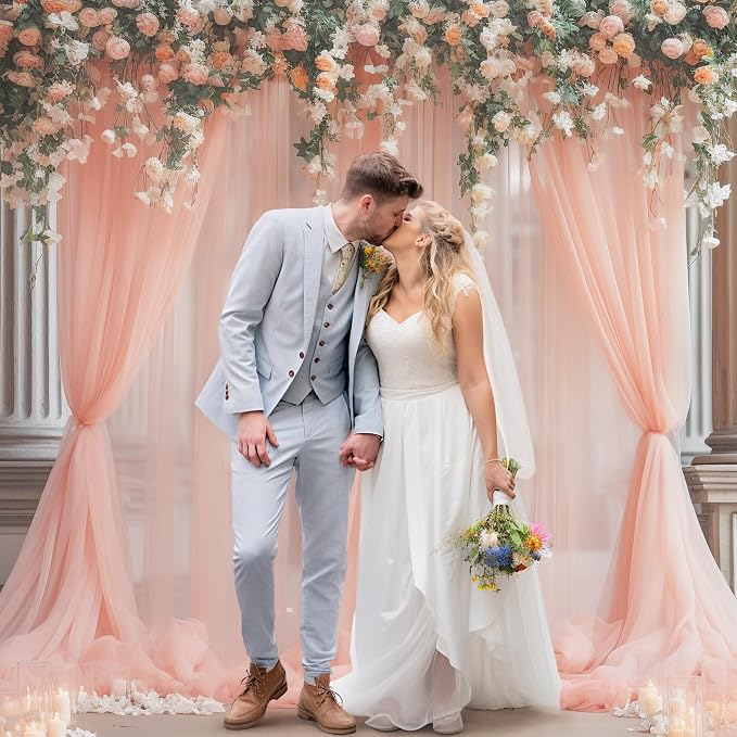 20ft X 10ft Peach Tulle Backdrop Curtain for Parites, Sheer Backdrop Curtains Fabric Drapes for Wedding Ceremony Arch Party Stage Decorations