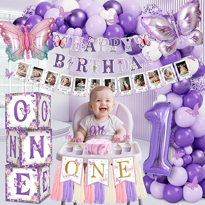 Butterfly First Birthday Decorations for Girl, 1st Birthday Decorations Girl Include Balloon Arch, Balloon Boxes, Highchair Banner, Photo Banner, Butterfly Banner, Cake Topper, Butterfly Stickers