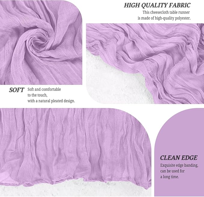 24 Pack Lavender Cheesecloth Table Runner 120 inch Fall Thanksgiving Boho Rustic Gauze Farmhouse 10FT Cheese Cloth Runner for Baby Shower Wedding Party Holiday Home Decor