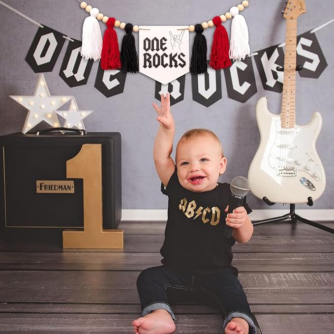 Gostman One Rocks High Chair Banner - Rock And Roll 1st Birthday Party Decorations,Black First Birthday Party Supplies (one rocks banner)
