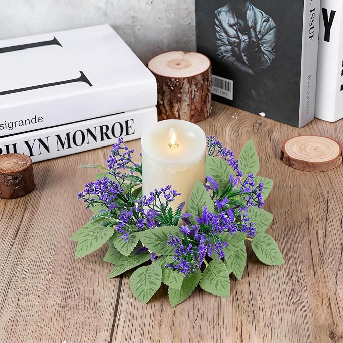 6 Pack Artificial Lavender Candle Rings Wreaths, 9 Inch Candle Rings with Green Leaves, Purple Floral Candle Rings for Pillar Candles, Wedding Centerpieces, Home Decor