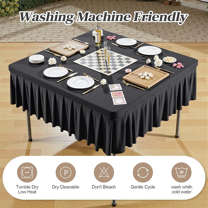 Wish Care Black Spandex Tablecloths for 34x34 Inch Square Tables, Stretch Fitted Table Clothes with Pleated Ruffle Skirt for 34” Table, Wrinkle Free and Elastic, for Party Kitchen Home Dining