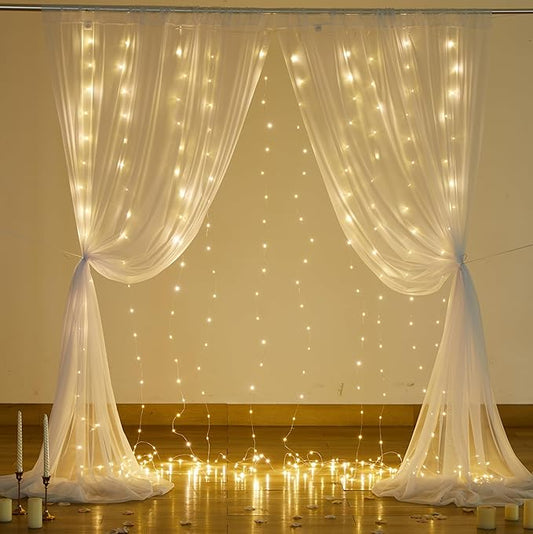 10FT x 8FT White Sheer Curtains with Lights Tulle Backdrop Curtain for Living Room Bedroom Parites Wedding Birthday Decorations 2 Panels 60" Wｘ96 L