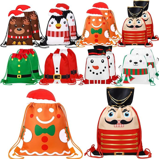 Hillban 16 Pcs Animal Drawstring Bags for Kids Party Favors Drawstring Backpack with Ear for Safari Birthday (Christmas Style)