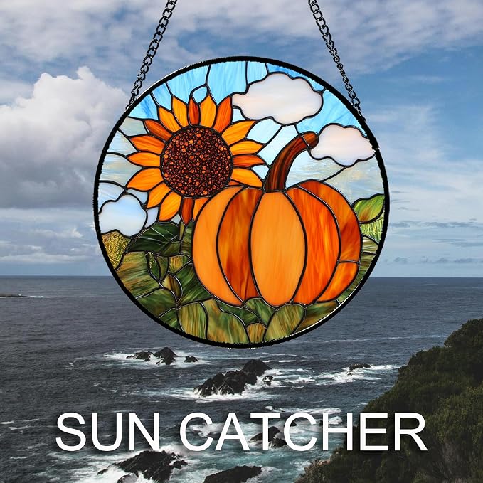 DASTOLL Stained Glass Window Hanging Fall Farm Scenery Sunflower Pumpkin 6.3" - Suncatcher Door Garden Kitchen Sunroom Sun Catcher Home Decor Birthday for Mom Grandma Men Woman