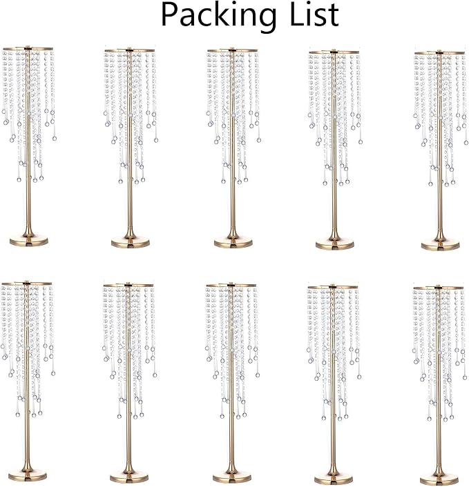 Bigsee 10 Pcs 29.5 inches Crystal Flower Stand Wedding Centerpieces for Tables, Tabletop Gold Metal Flower Arrangement Holder, Bulk Metal Vases for Reception Ceremony Decoration