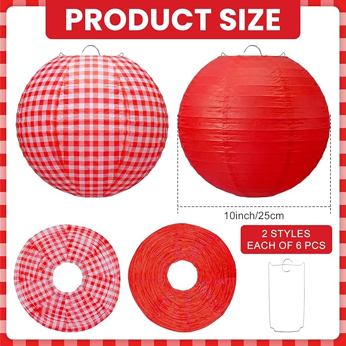 Honoson 12 Pcs Red Gingham Paper Lanterns Picnic Party Decoration 10 Inch Checkered Plaid Round Hanging Chinese Lanterns for Pizza Birthday Picnic BBQ Wedding Baby Showers Decoration