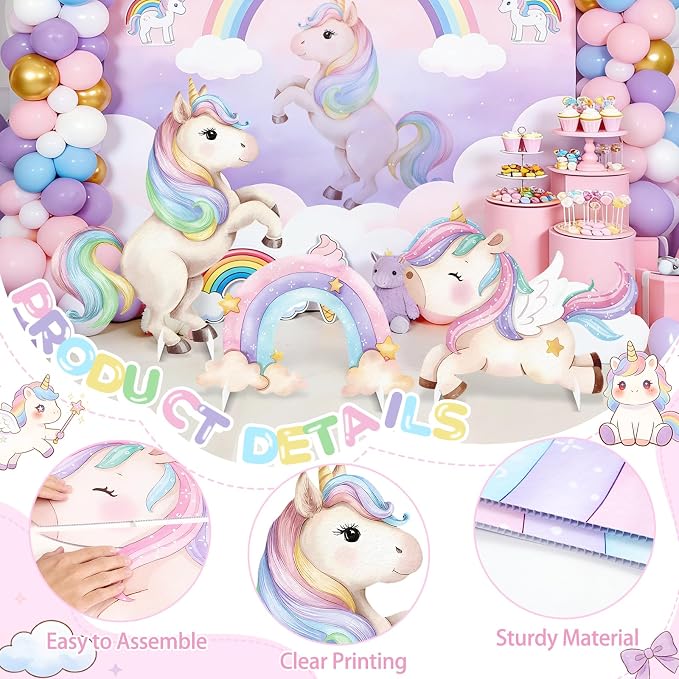 3Pcs Unicorn Birthday Decorations, Large Rainbow Unicorn Cardboard Cutout Standup, Girls Baby Shower Party Signs for Photo Booth Props Backdrops Indoor Outdoor Cartoon Party Supplies
