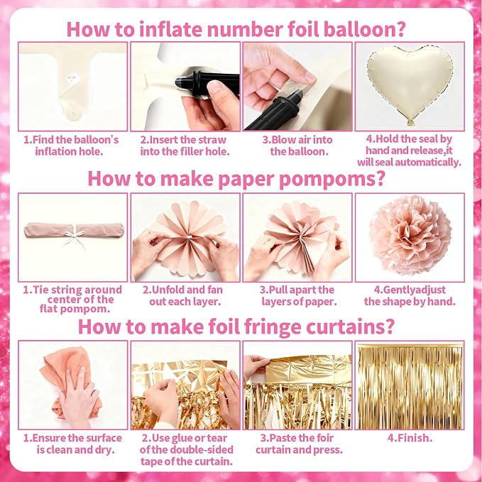 Pink White Birthday Party Decorations 12INCH Light Pastel Pink Confetti Balloons Happy Birthday Banner Cake Topper Fringe Curtain Paper Pom Poms Butterfly Sticker 18INCH Heart Star Foil Girls Women