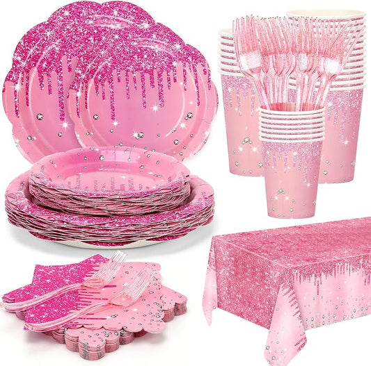 Pink Iridescent Plates and Napkins Party Supplies Set, Scalloped Disposable Plates Cups Napkins Forks Tablecloth, for Princess Birthday Baby Shower Bridal Shower Wedding Decorations, Serves 24 Guests