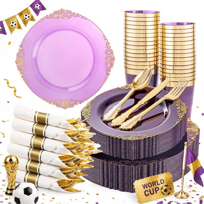Hioasis 210pcs Purple and Gold Plates - Purple Party Plates for 30 Guest, Include 60 Heavy-duty Plates(20% Thicker Than Standard), 30 Pre Rolled gold Plastic goldware Set, 30 Cups & Party