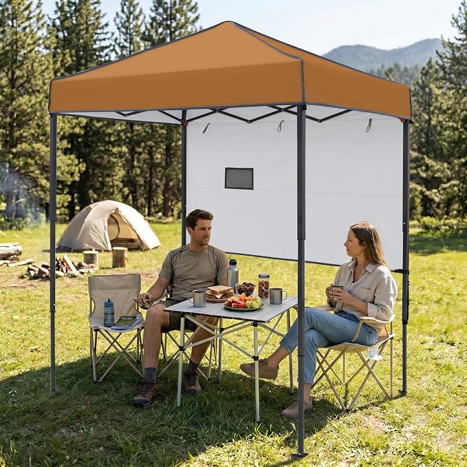 EAGLE PEAK 6x4 Instant Pop Up Canopy Tent with 1 Half Wall Panel, Straight Leg Sun Shelter, Portable Canopy with Carry Bag for Camping, Beach & Sports, Khaki