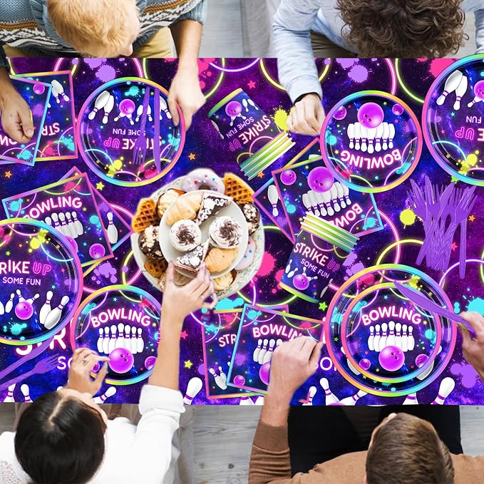 Bowling Birthday Tableware 142Pcs Let's Strike Up Some Fun Bowling Party Decorations Rainbow Neon Glow Girls Birthday Party Favors Disposable Plates,Tablecloth,Napkins,Cups,Forks and Knives