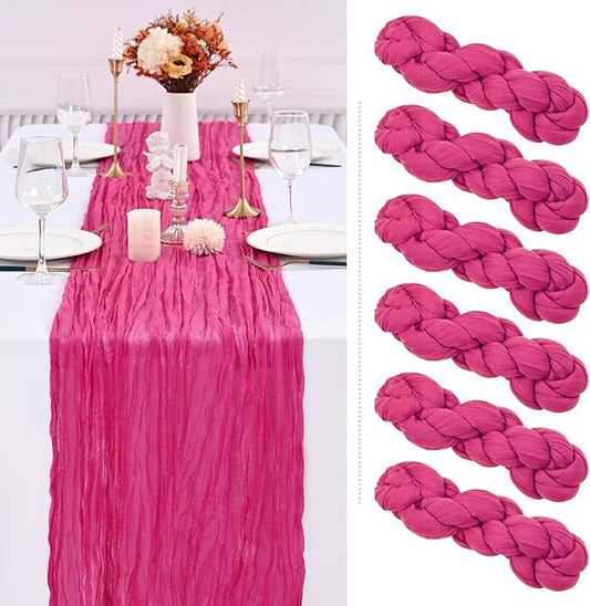 Showgeous 6 Pack Hot Pink Cheesecloth Table Runner, 10FT Long Semi-Sheer Boho or Rustic Gauze Table Runner Wedding Table Decor for Wedding Decor Arch Draping Bridal Shower Holiday Party