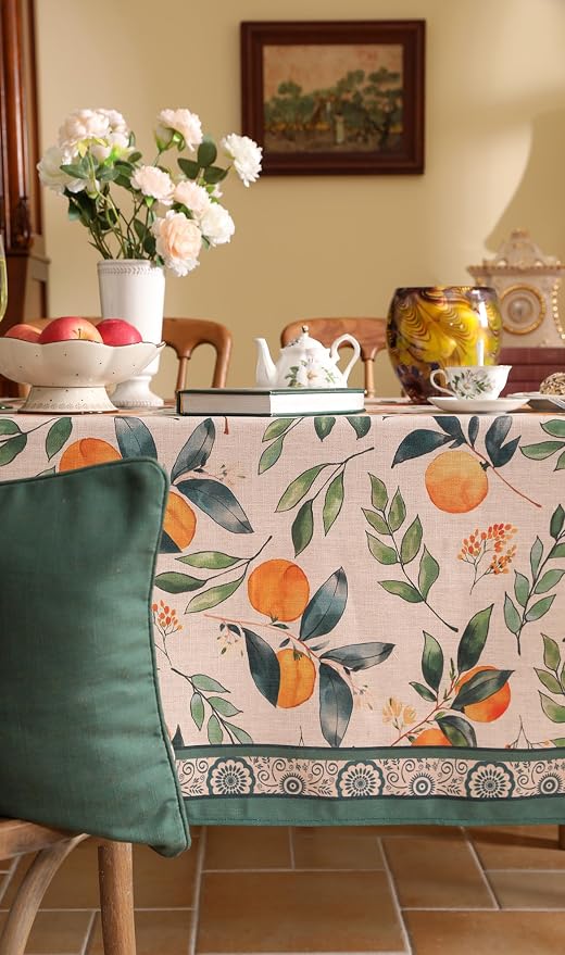 patdrea Designer French Linen Tablecloth,Rectangular,79"x55"-Palladin A | Colorful Elegant Table Cloth for Rectangle Table,Orange Floral Patterned,for Dining Room Tea Party Thanksgiving