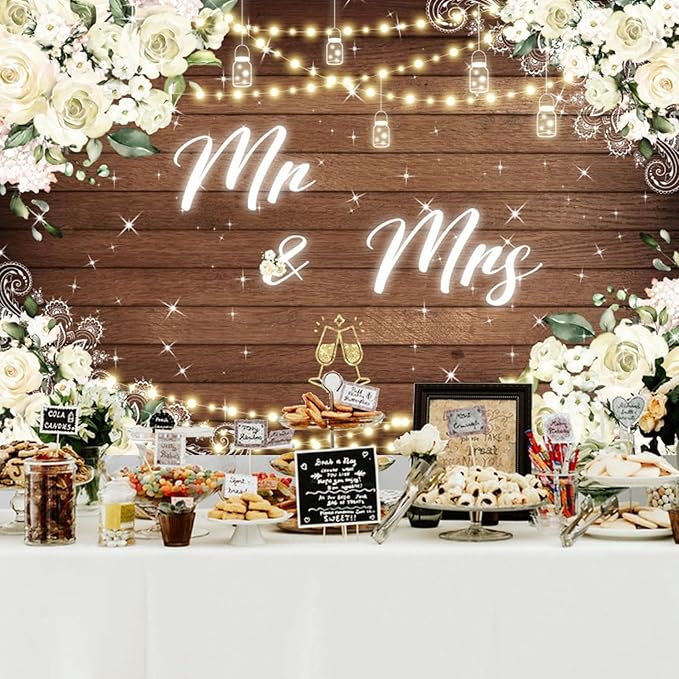 8x6ft Mr and Mrs Floral Backdrop for Bridal Shower White Flowers Photography Background Couple Wedding Party Decorations Bride Engagement Banner Props